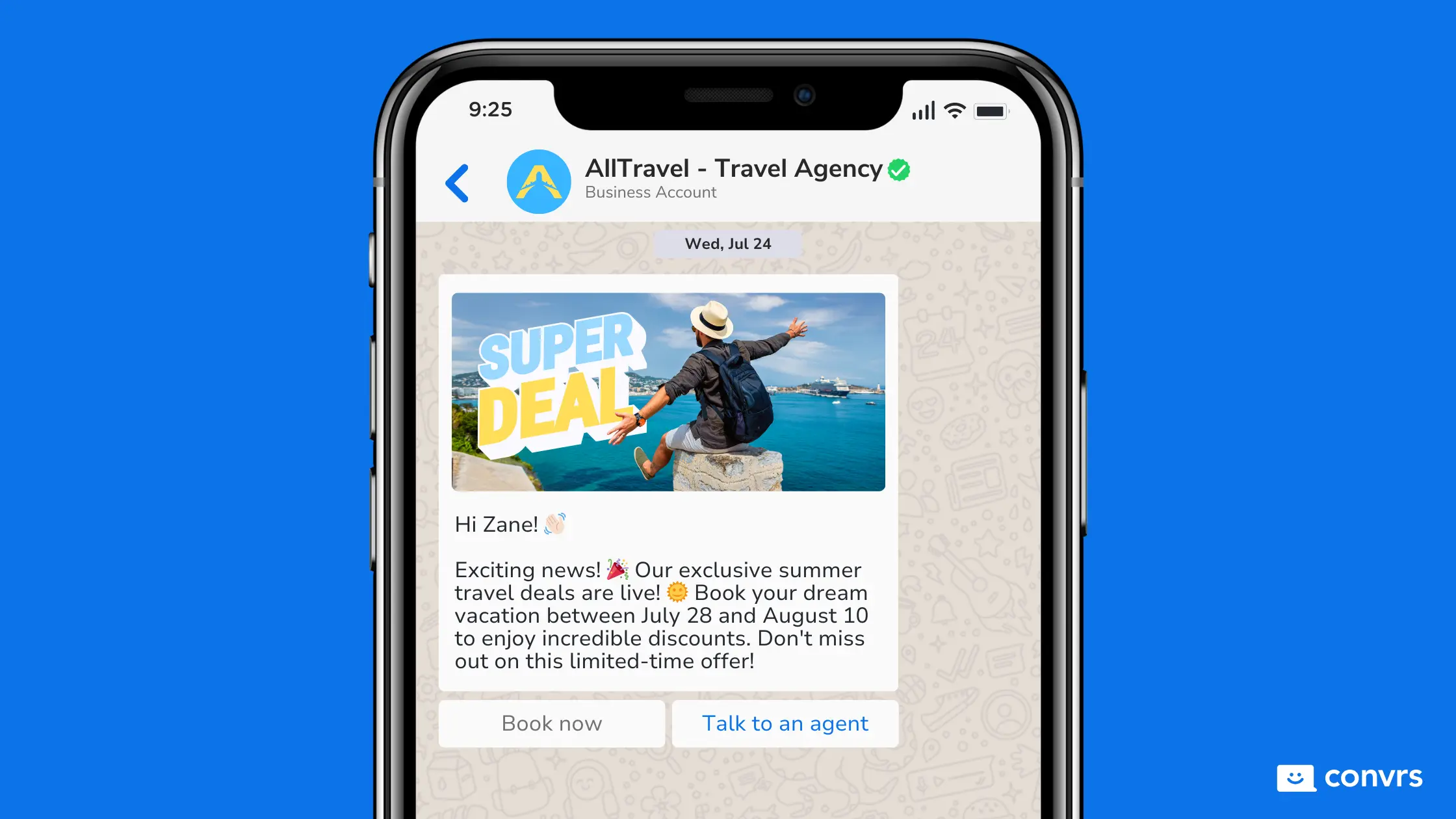 Customer receiving an automated WhatsApp message about a travel agency's limited promotions